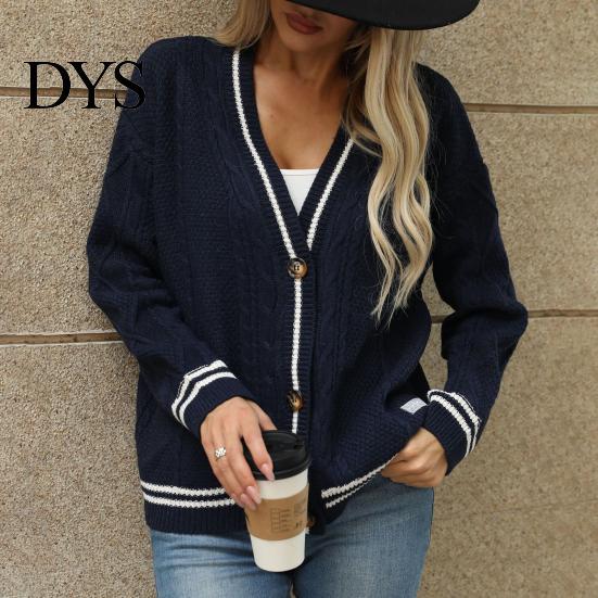 Women Casual Sweater Coat V-neck Long Sleeve Twist Texture Knitting Patchwork Color Single Breasted Loose Fit Elastic Outwear Knitwear