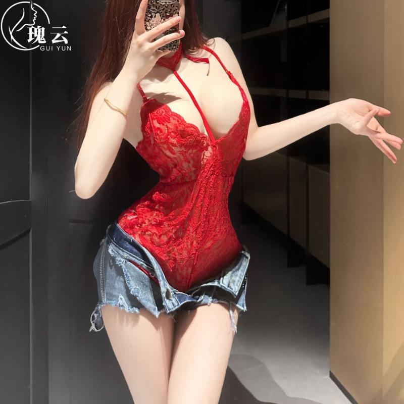 Sexy lingerie sexy lace pure desire neck sling deep one-piece mood pajamas buttocks uniform temptation