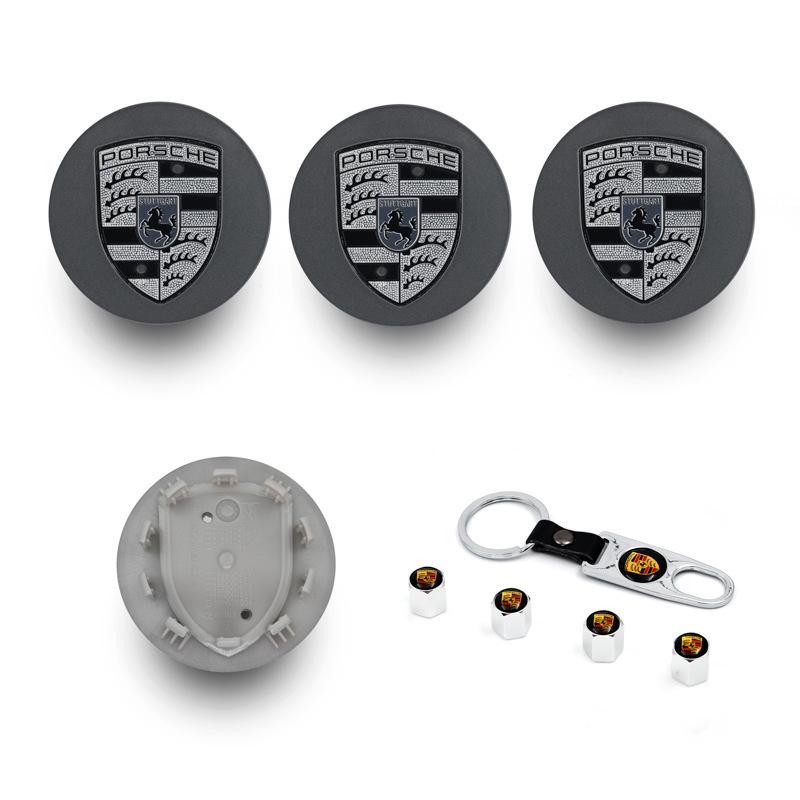 Compatible Porsche Wheel Hub Center Caps: 76mm & 65mm in Gloss Black, Bright Silver, Matte Silver, and Gray.