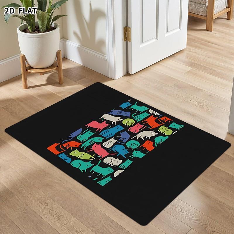 Black Base Multi Color Minimal Line Art Cat Silhouette Spliced Print Anti Slip Modern Style Front Entrance Doormat Rug