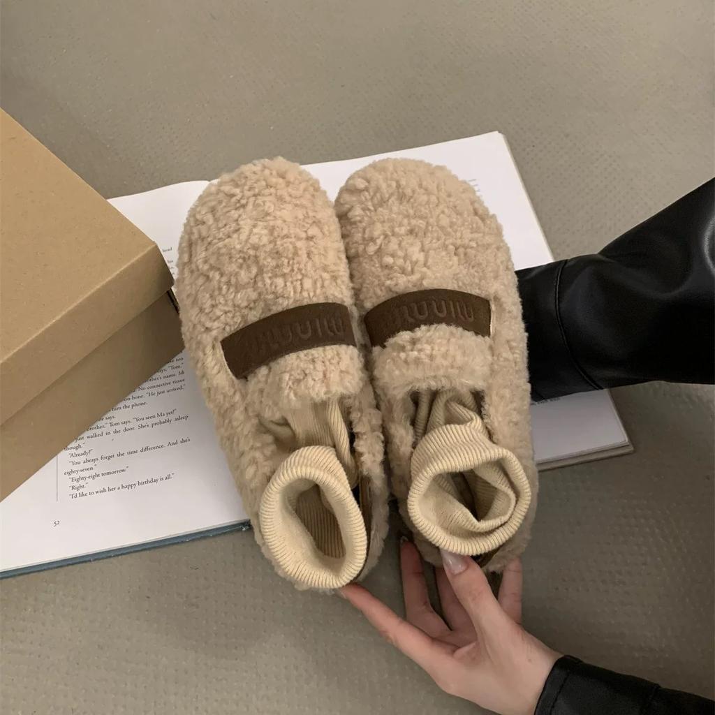 Moda AJGS Metal Tokalı Kemer Peluş Babetler Sıcak Pamuklu Loaferlar Kıvırcık Koyun Kürkü Mary Janeler Kışlık Ayakkabılar Kadın 2024 Lüks Tasarımcı Ayakkabıları