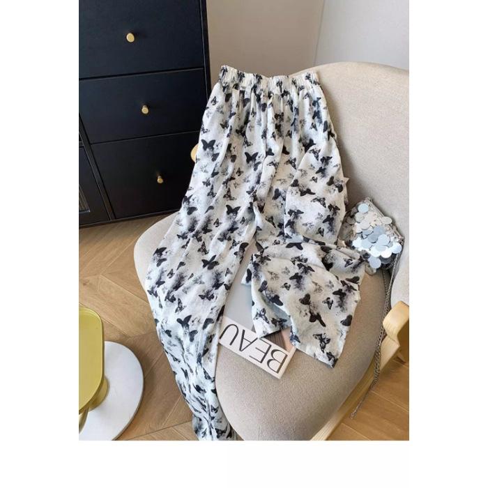 

Large size women s clothing 55.5kg tie-dye butterfly wide-leg pants women s summer thin loose high-waisted straight casual pants fat mm S белый