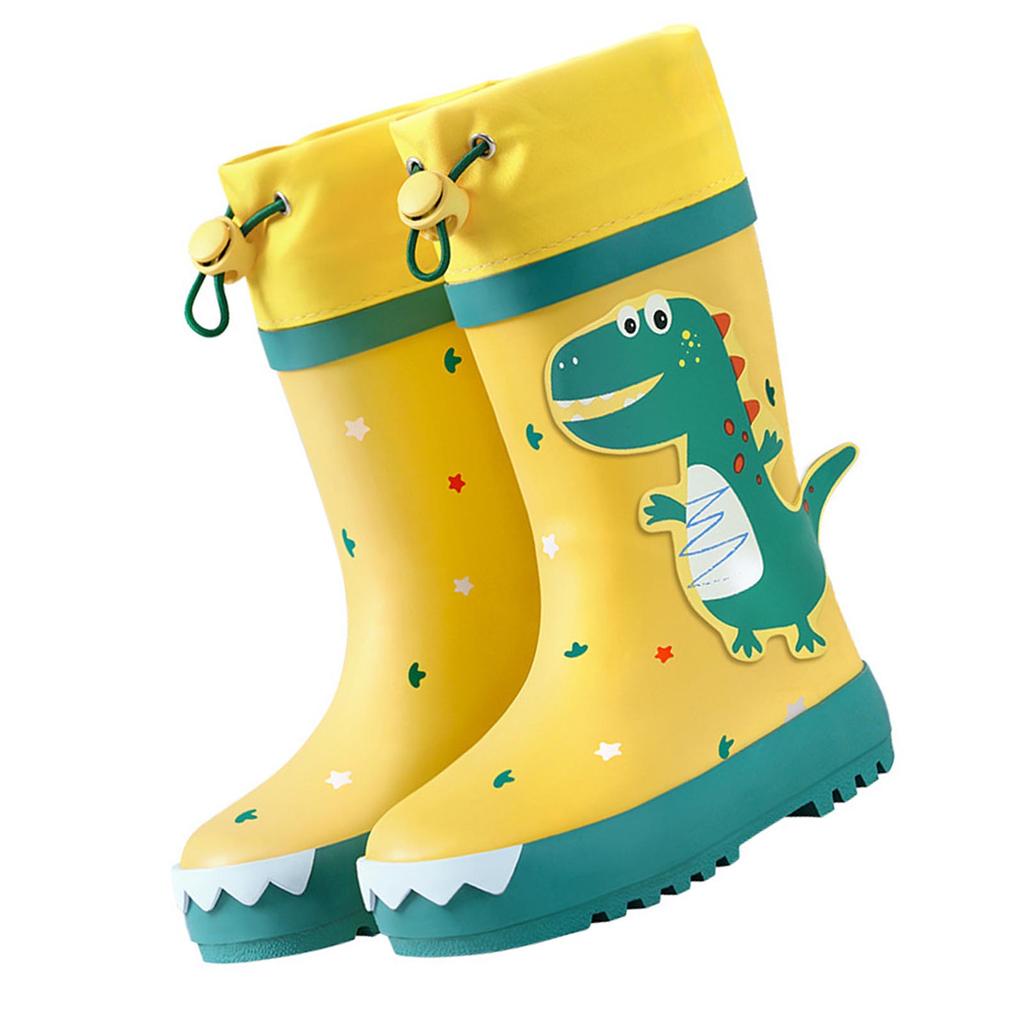 Kids Rain Boots Slip Resistant Cartoon Dinosaur Waterproof Rubber Children Tall Rain Shoes for Boys Girls Yellow and