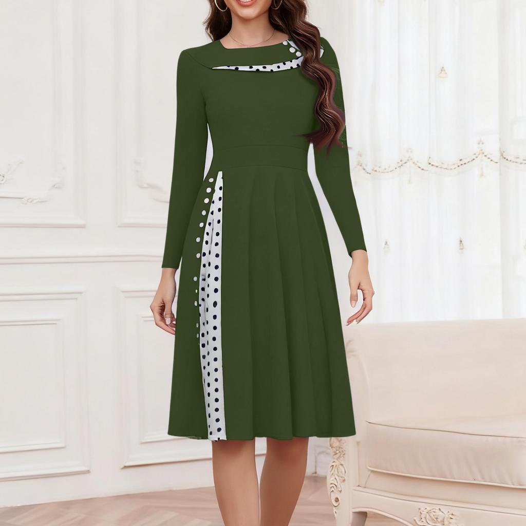 Ladies' Fashionable Retro Long Sleeved Round Neck Polka Dot Printed Dot Dress