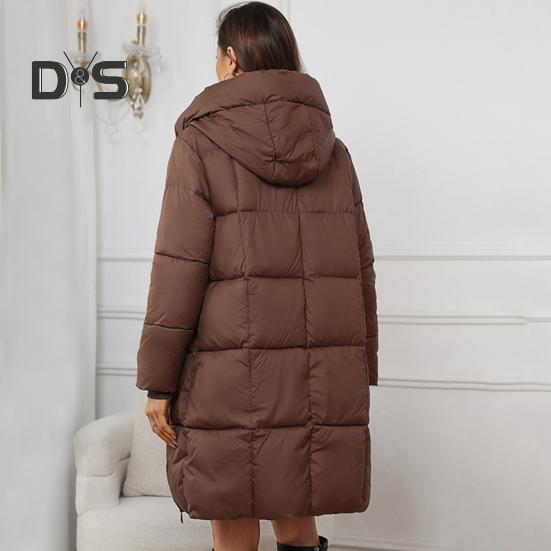 Women Winter Jacket with Hood Thickened Padded Down Coat Slim Waist Zipper Closure Mid Length Windproof Cold Weather Cotton Coat