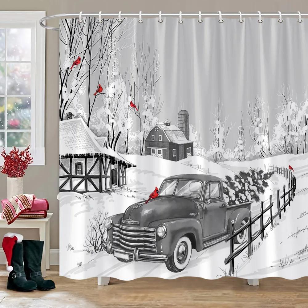 Christmas Theme Shower Curtain Winter Snow Christmas Tree Deer Rustic Wooden Panel Fabric Washable Shower Curtain Bathroom Decor