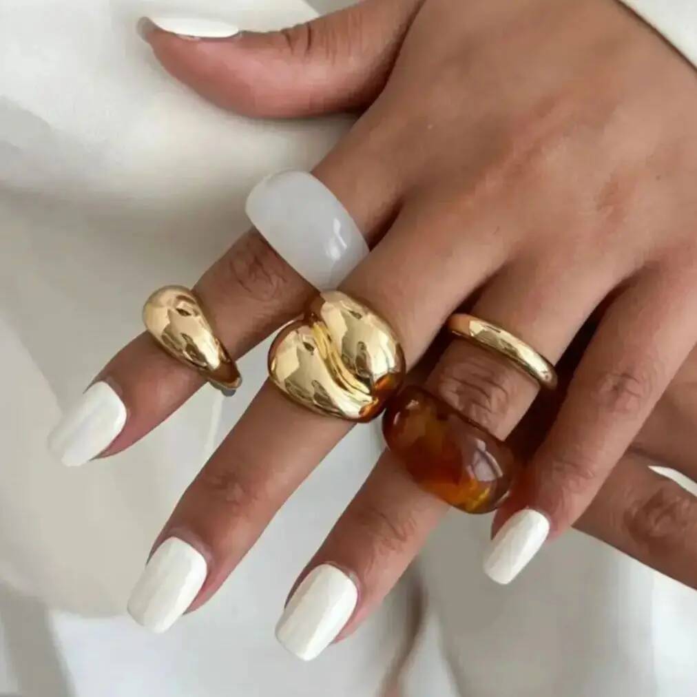Salircon 5 Pcs/set Trendy Resin Acrylic Rings Women Punk Geometry Chunky Gold Color Metal Open Finger Ring Jewelry Accessories