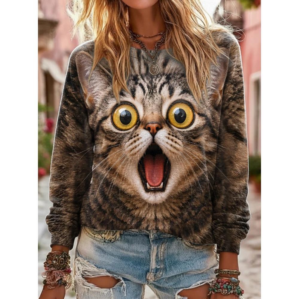 Tops for Women Animal Print Round Neck Long Sleeve T-shirt Fall Casual Slim Pullover Women's Long Sleeve Top