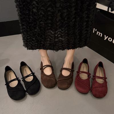 Dameneinzelne Schuhe mit flachem Boden 2025 Frühling neue flache Mund vielseitig mit Rock ein Pedal Wildleder Retro weichsohlige Schuhe