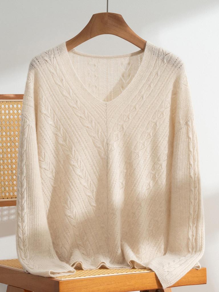 Early Autumn Retro V-neck Hollow Pure Cashmere Women's Pullover - Korean Soft Casual Knit Long Sleeve Sweater