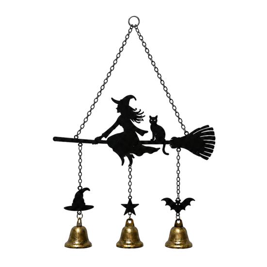 Garden Decor Wind Chime Halloween Witch Broom Chime, Holiday Party Decorative Hanging Bell Metal for Indoor Outdoor Patio Porch Bells