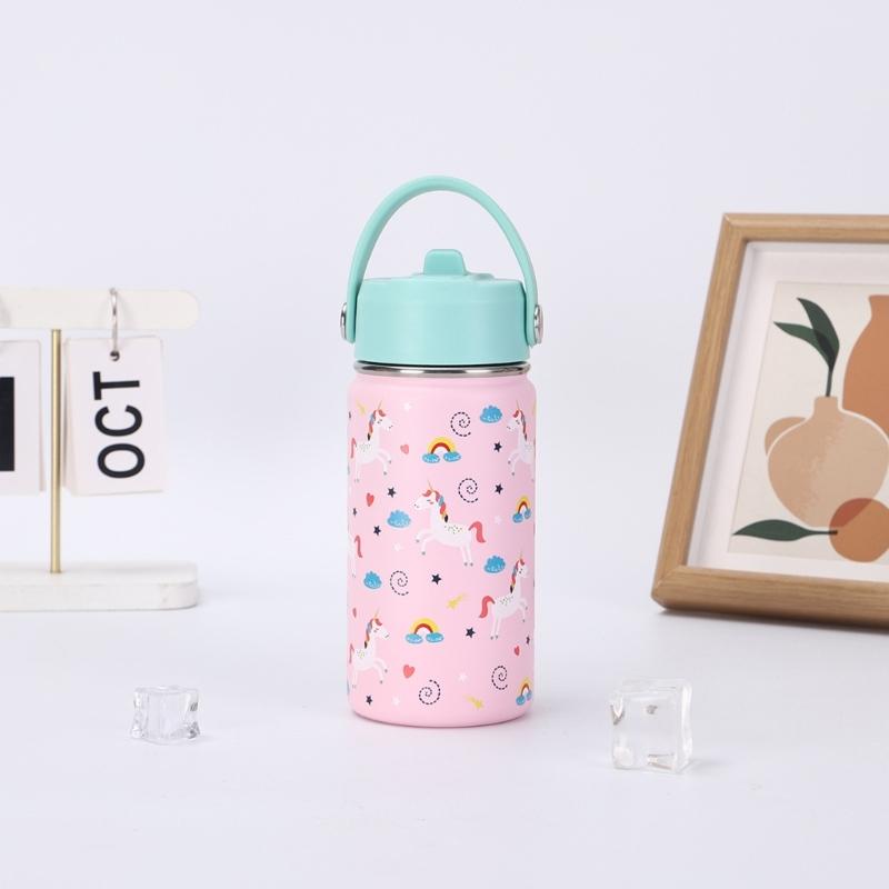 Wide Mouth Thermal Stainless Steel Water Cup Cartoon Handle Straw Tumblers Water Bottle for Outdoors