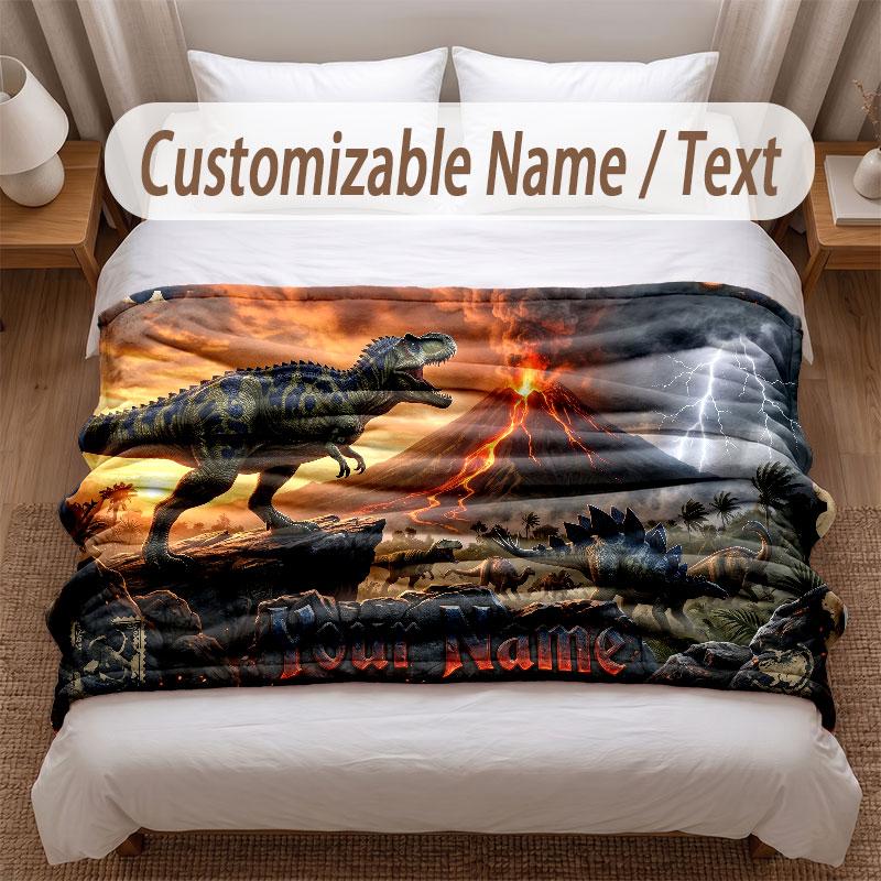 Dinosaur Theme Soft Blanket Personalized Custom Name Text Print Warm Blanket Home Sofa Bedroom Decor