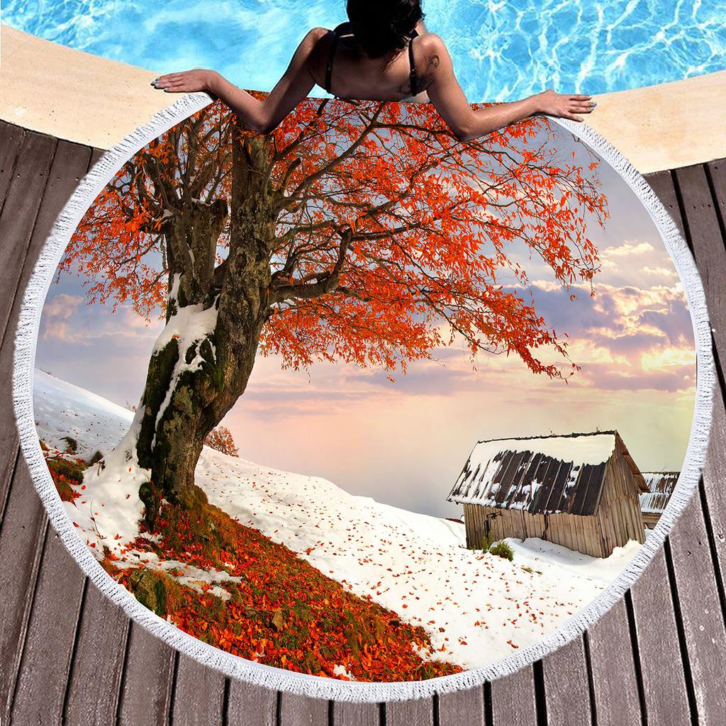 Winter Snow Scene Fantasy Tree Round Beach Towel Polyester Sand Resistant Shawl Beach Blankets, Quick Dry Pool Towels Picnic Mat