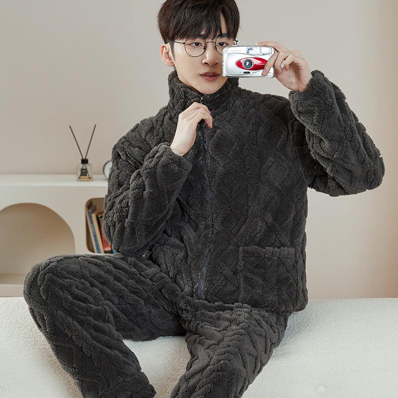 Men's Warm Flannel Pajamas, Zippered Stand-up Collar, Long Sleeve, Coral Fleece Cardigan for Autumn and Winter