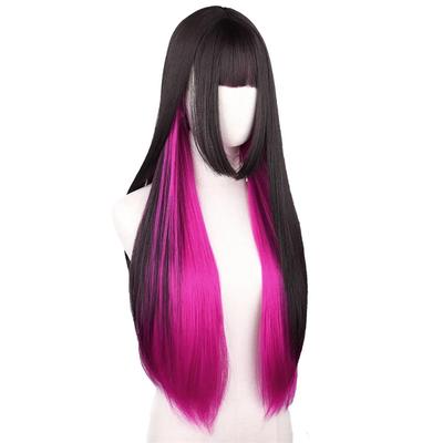 Schwarz und Rosa Glatte Haare Perücke Synthetische Lange Wellige Perücken mit Pony für Frauen Cosplay Natürliche Hochtemperaturfaser Lolita Perücke
