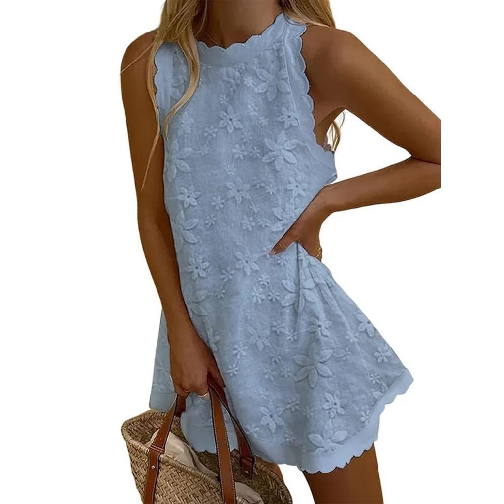 Women's Spring/Summer Solid Scalloped Trim Sleeveless Casual Dress
