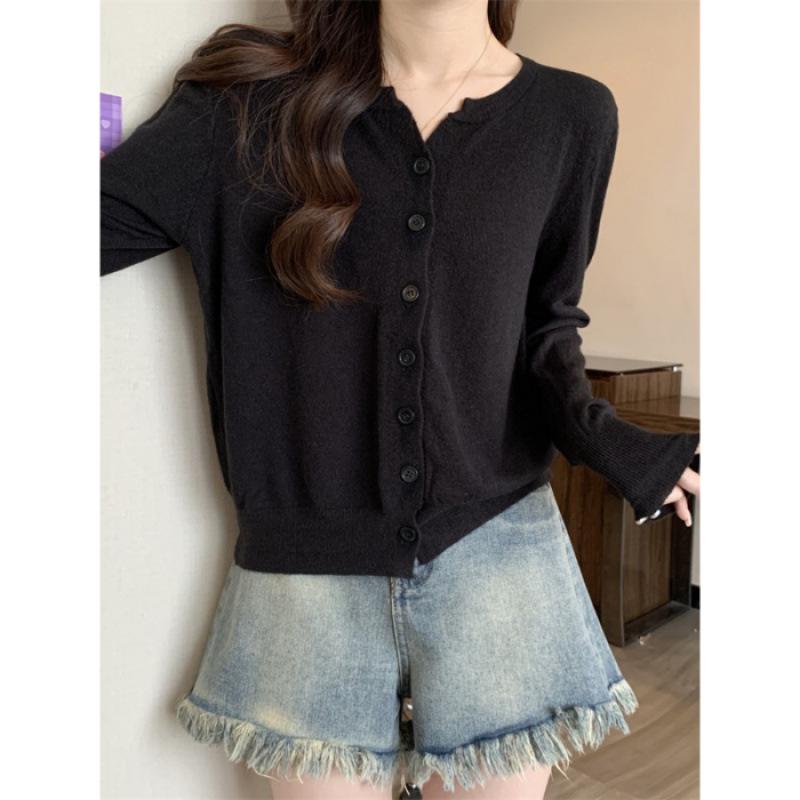 Women's Autumn Knit Cardigan: Short, Simple, Versatile Loose Fit, Casual Round Neck Long Sleeve Jacket
