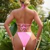 European & American Multi-color Halter Bikini with Rhinestone Pendant - Sleeveless, Bandage Style, and Split Design.
