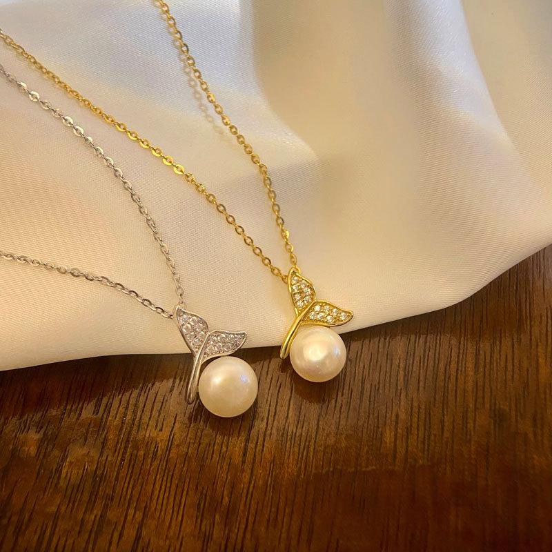 Full Diamond Fish Tail Pearl Necklace, Elegant, Light Luxury, High-end Collarbone Chain, New Year Trend