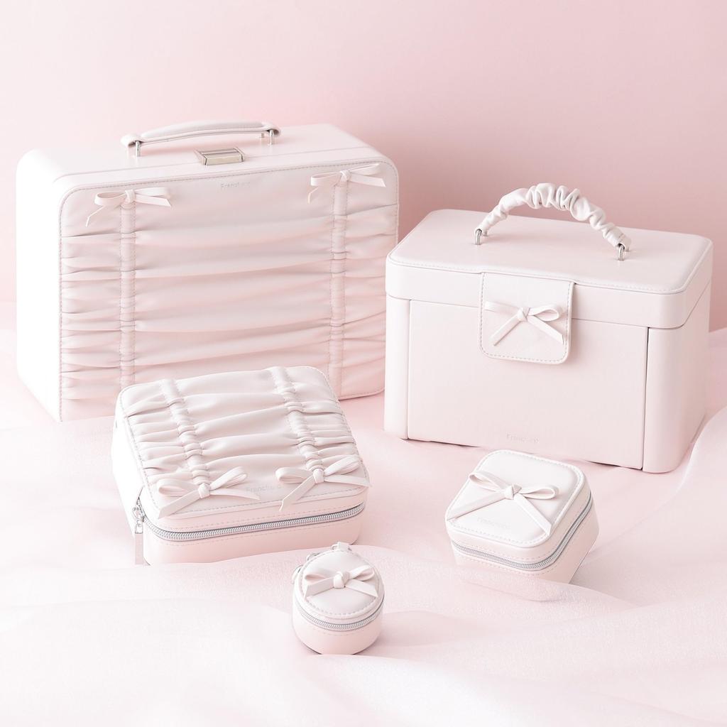 Francfranc Ribbon Cosmetic Light with Mirror and Dresser Box, Pink, Bag-shaped, Portable, Dividers,