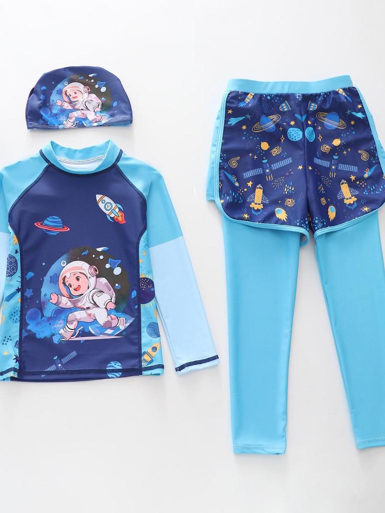 Boys' Quick-Dry Cartoon One-Piece Swimsuit with Long Sleeves and Sun Protection