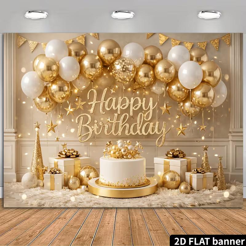 2D Luxury Gold White Balloon Birthday Backdrop with Warm Lights