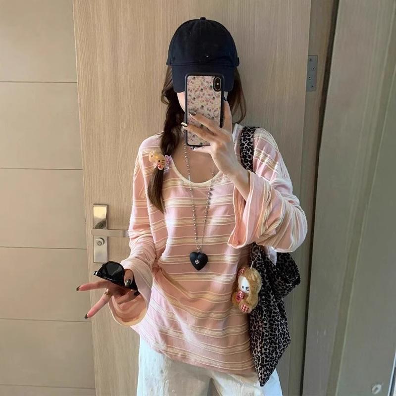 Women's Relaxed Color Block Striped Long Sleeve T-Shirt - Spring 2025 Loose Chic Style