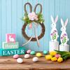 Easter Bunny Wreath with Faux Flowers Rattan Wall Door Hanging Decor for Spring Festival