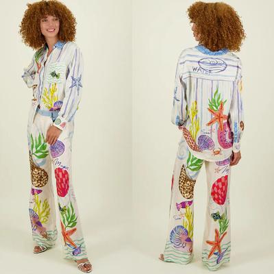 Satin Print Loose Pants Sets Women Causal Long Sleeve Shirts Two Piece Sets Female Outfits Streetwear