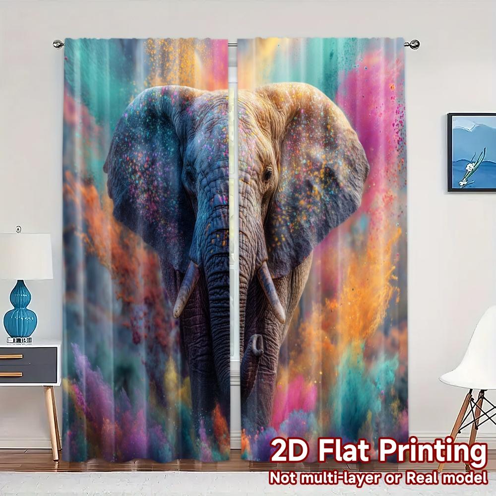 

2pcs 2D FLAT PRINTING Curtains (Without Rod) Colorful Elephant Pattern Chic Curtains Durable 100% Polyester Fabric Curtains 100*130 HOOK 1pcs