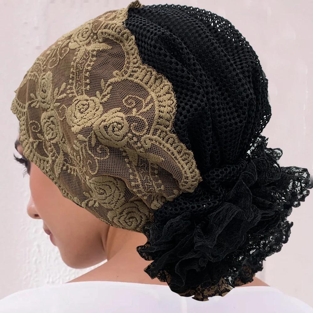 Embroidery Lace Turban Cap for Women Summer Breathable Head Wraps Bonnet