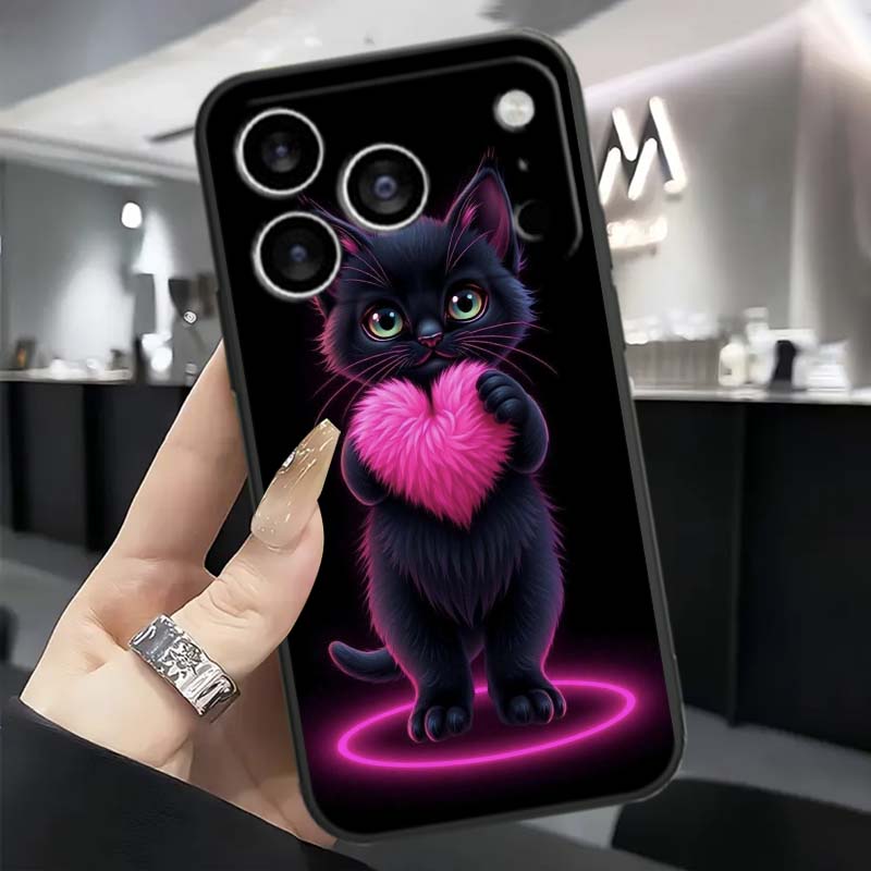 Anime cartoon cat illustration For Apple iPhone 17 16 16E 15 14 13 12 11 Pro Max Plus Black Soft Silicone Phone Case