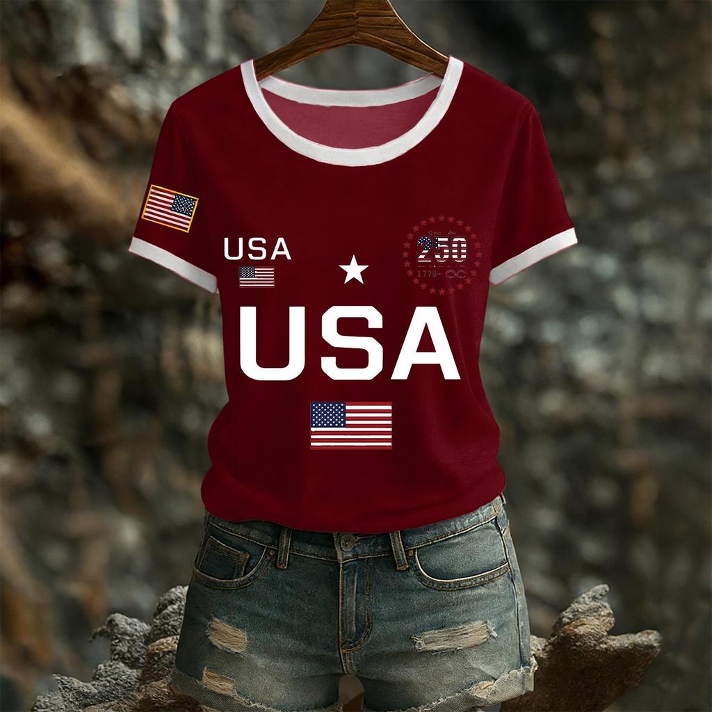 Women's Casual Round Neck Short Sleeve Pullover Printed T-Shirt Top