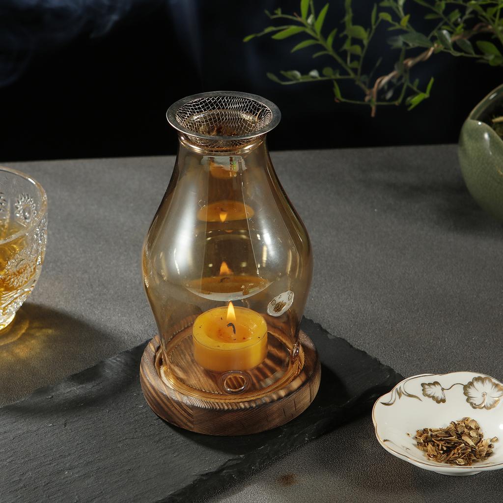 Glass Candle Holder Candle Heating Holder with Wooden Base Aromatherapy Incense Burner for Yoga SPA Aromatherapy