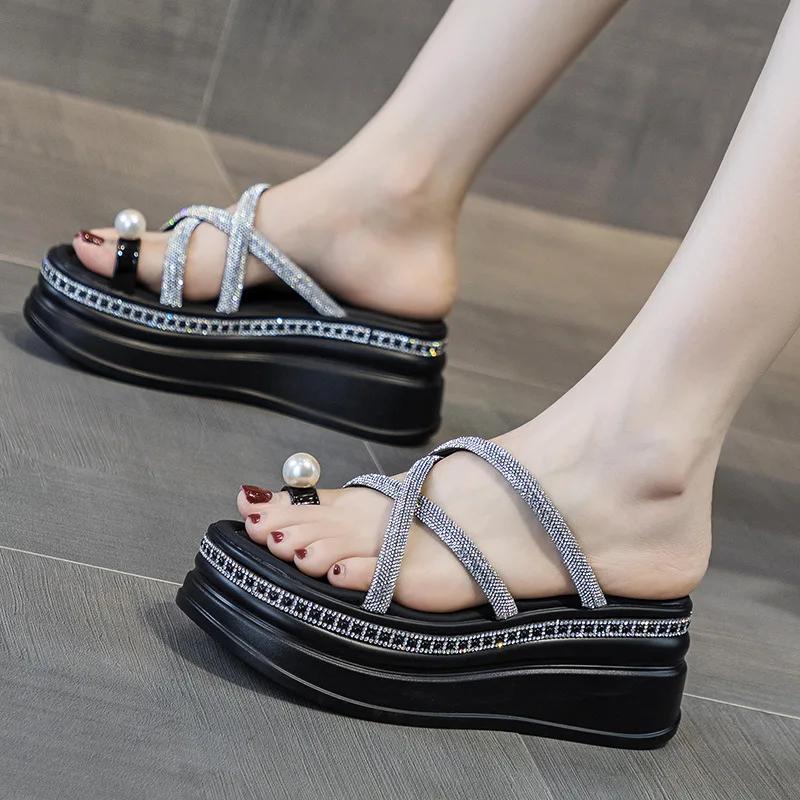 Fashion 7.5CM Synthetic Rhinestone Slippers Luxury Sandals Elegance Leisure Fashion New Summer Women Bling Platform Wedge Flats Shoes