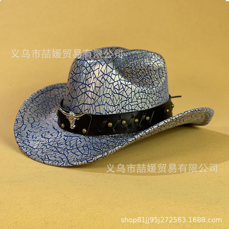European and American Bull Head Belt Western Cowboy Hat New Breathable Sunshade Sequin Crack Jazz Hat Children