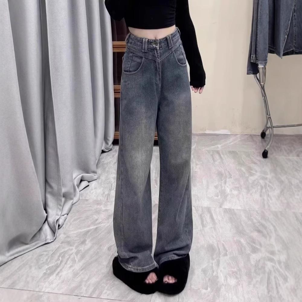 Women's 2024 High-Waisted Fleece-Lined Wide-Leg Jeans: Autumn & Winter Loose, Slimming, and Versatile Straight-Leg Pants.