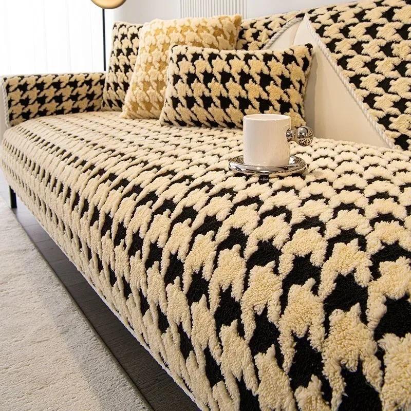 Winter Thick Short Plush Sofa Cushion Advanced Black White Checkered Anti Slip Plush L Sofa Towel Dust 3 Seat Cover Cloth