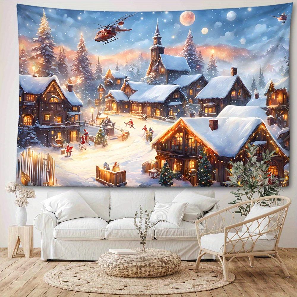 Christmas Village Scene Tapestry – Woven Polyester Fabric Wall Hanging, 90g Brushed Fabric, Animal Theme Graphic Tapestry, Portrait Orientation, No E