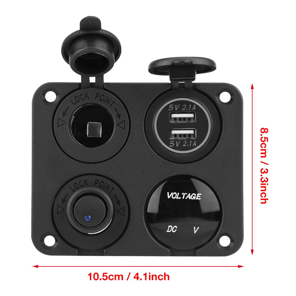 Keenso DC12/24V 4-Way Waterproof Switch Panel with LED Light, ON/OFF Toggle, 4.2A USB Socket, Voltmeter, and Cigarette Lighter (Blue Light) for Marine