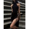 Goth Gothic Dress Cosplay High Split Sexy Bandage Women Dress Halter Slim Midi Dark Black Grunge Partywear