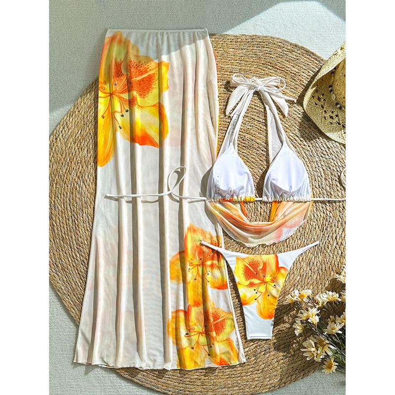 New Flower Print Bikini Set Women's High Waist Long Skirt 3 Piece Swimsuit Sexy Mini Triangle Backless Thong Bathing Suit