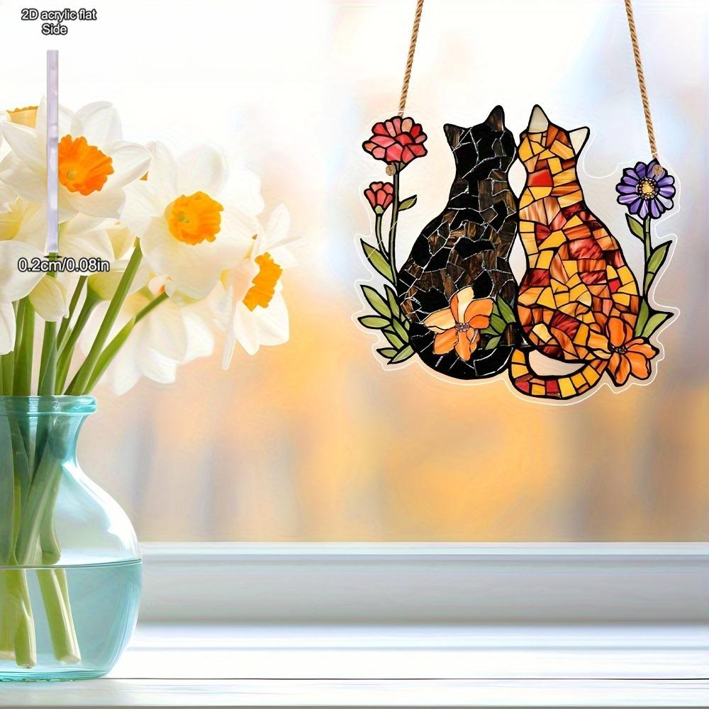 Cat and Flower Colorful Window Hanging, Cat and Flower Sun Catching Window, Indoor and Outdoor Home Decoration Garden Decoration, Suitable for Wedding