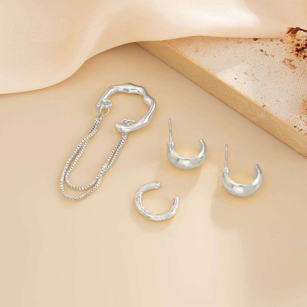 Fashion Metal Smooth Surface C-Shaped Ear Buckle Without Ear Holes, Simple Wind Metal Chain Fringed Stud Earrings