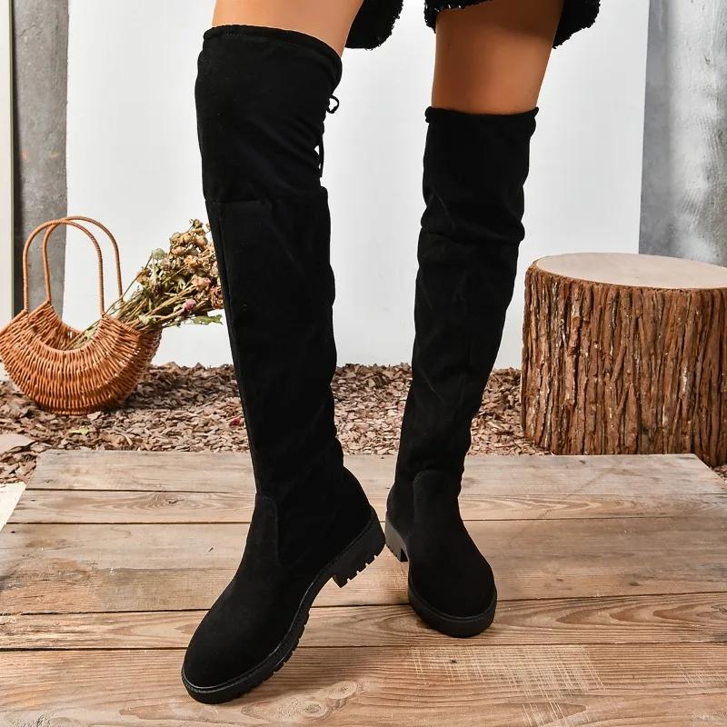 New Fashion Women's High Boots Solid Color Slip-on Comfortable Versatile Lace-up Spring and Autumn Women's Nude Boots