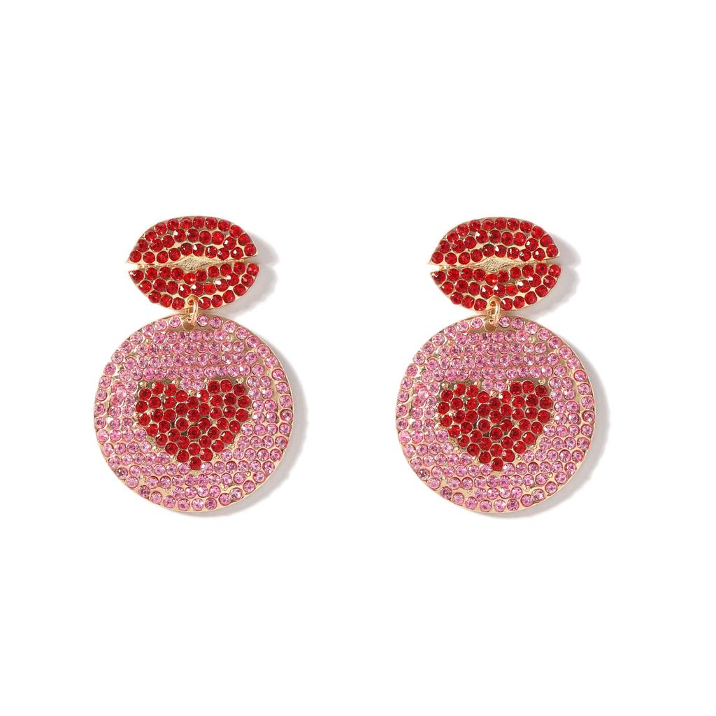 Valentine's Day new simple fashion alloy full diamond geometric lip red earrings, niche versatile women