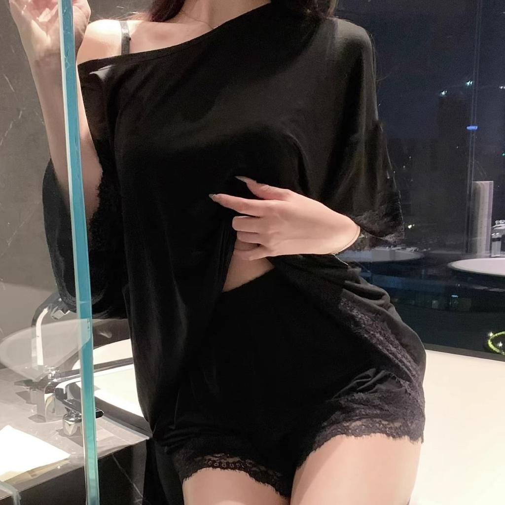 Einfache einfarbige Modal-Pyjamas mit Brustpolstern für Damen, Sommer, kurzärmelig, mit Shorts, süße Spitze, vielseitige Loungewear