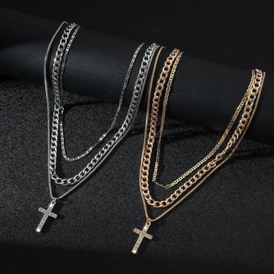 Layered Cross Necklace for Women Rhinestone Crystal Pendant