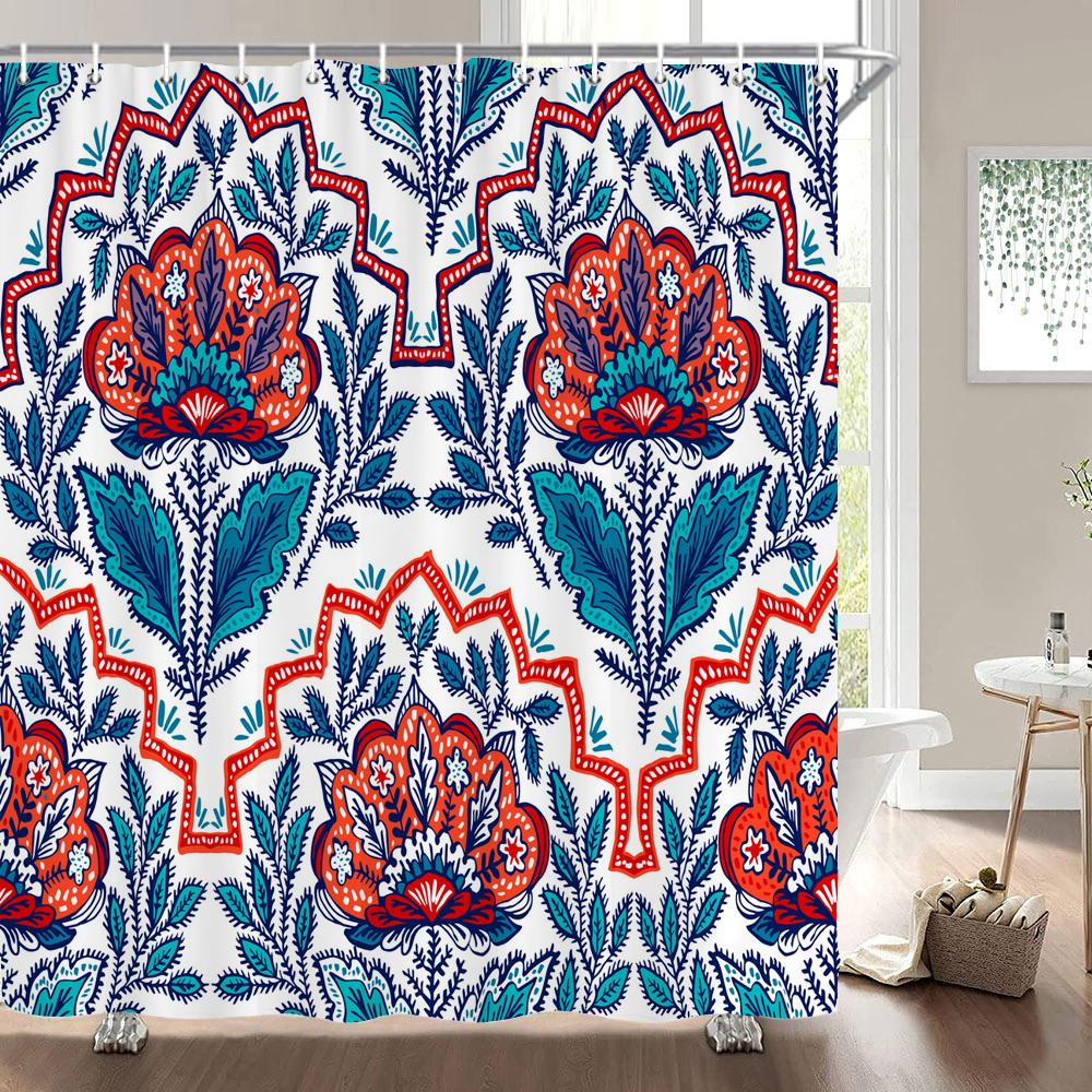 Duschvorhänge im Bohème-Stil Mandala Boho Blumen- und Pflanzendruck Badezimmervorhänge Wasserdichter Polyester Duschvorhang